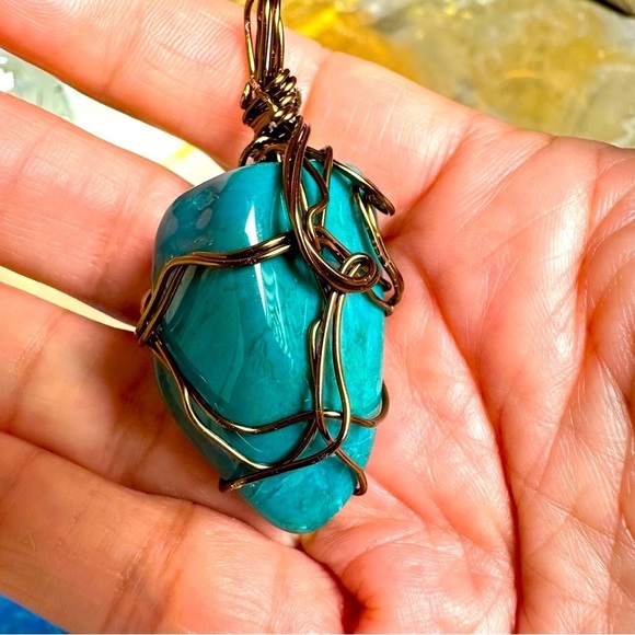 Blue Pendant Gemstone Green Chalcedony Necklace Wire Wrapped 4271 Y - Picture 2 of 10